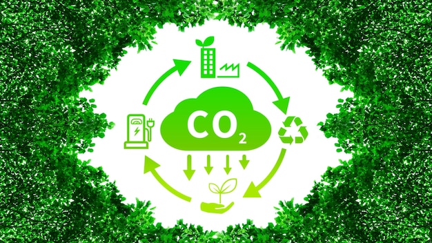 Foto co2 reducing icon with circular for decrease co2 carbon footprint and carbon credit to limit global warming from climate change bio circular green economy concept