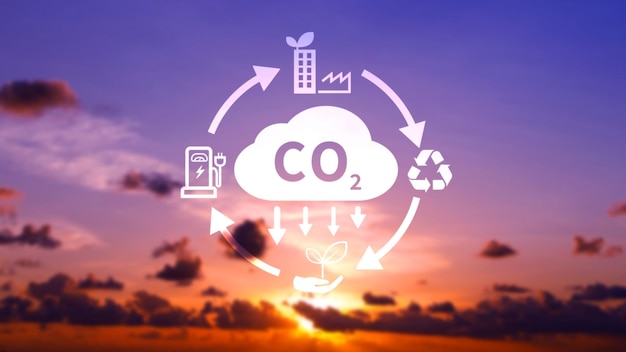 Foto co2 reducing icon with circular for decrease co2 carbon footprint and carbon credit to limit global warming from climate change bio circular green economy concept