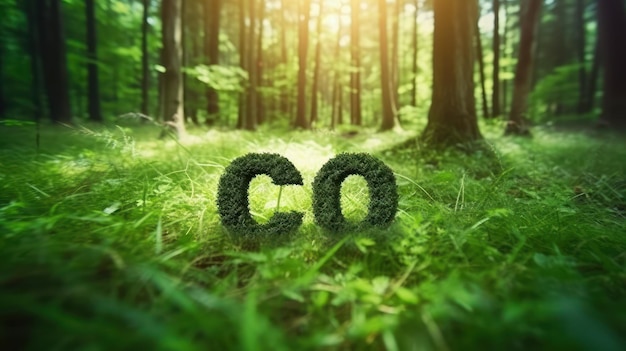 CO2-Symbol auf grünem Gras in einem Wald Geringere Kohlenstoff-Fußabdrücke, um die globale Erwärmung und den Klimawandel zu begrenzen Nachhaltige Entwicklung und Wirtschaft auf der Grundlage erneuerbarer Energien Konzept zur Verringerung der CO2-Emissionen