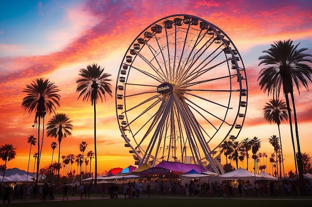 Coachella al atardecer con palmeras y la noria al fondo