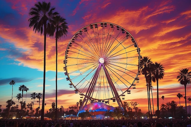 Coachella al atardecer con palmeras y la noria al fondo