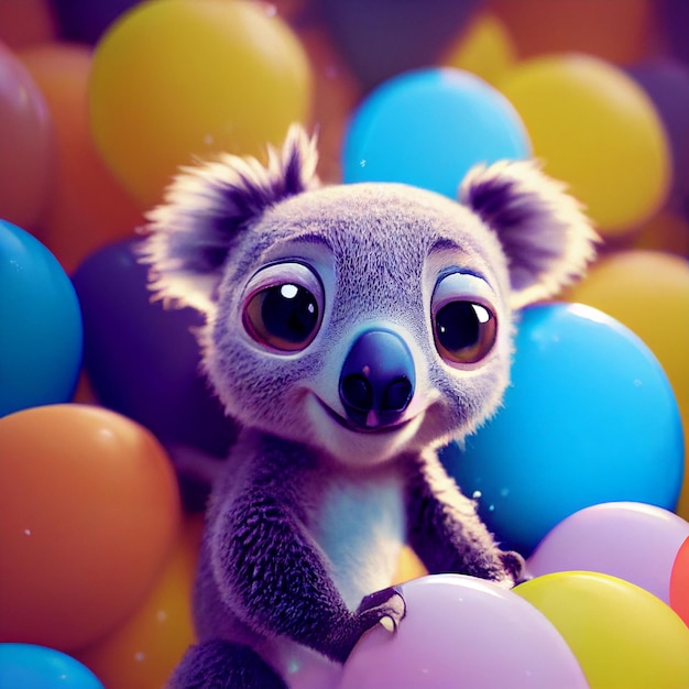 Coala bebê fofo com balões Feliz aniversário cartão de saudação 3D renderização ilustração dos desenhos animados