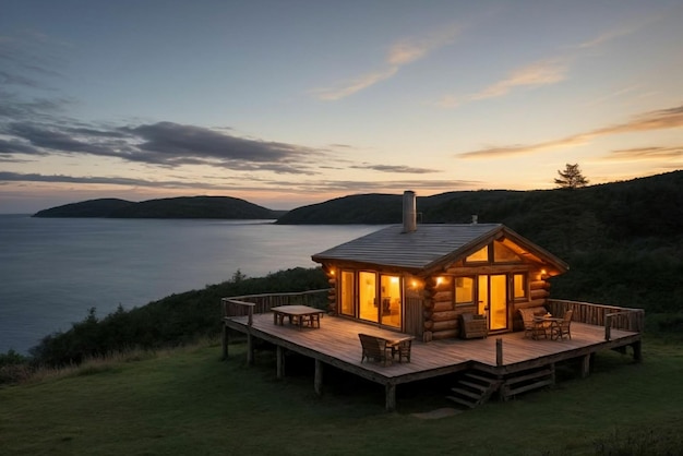 Foto coastal serenity hilltop cabin und sonnenuntergang