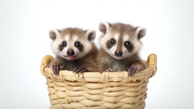 Coatis fofos em uma cesta com cores pastel em um branco AI geradora