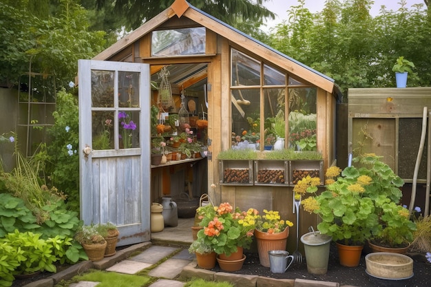 Un cobertizo de jardín con una ventana de invernadero que muestra plantas y flores exóticas