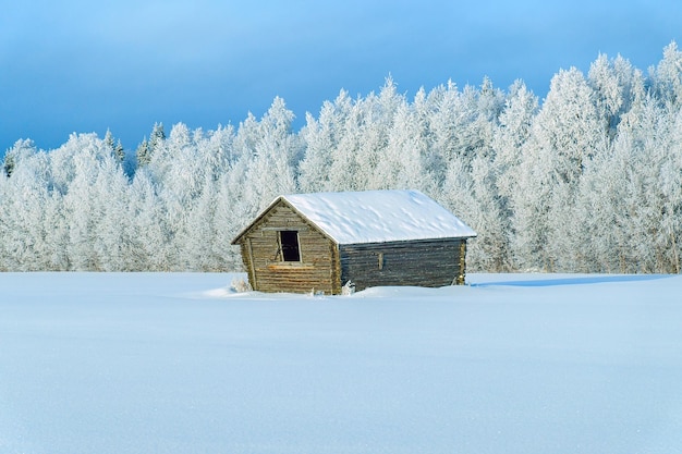 Cobertizo de madera en el campo de invierno en Laponia, Finlandia