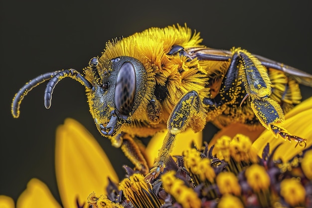 Foto coberto de pólen em flor de abelha amarela