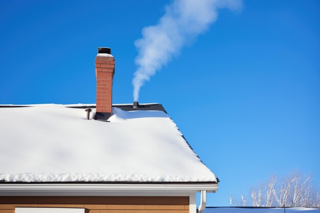 Cobertor de neve sobre o telhado fumaça de chaminé contra o céu azul