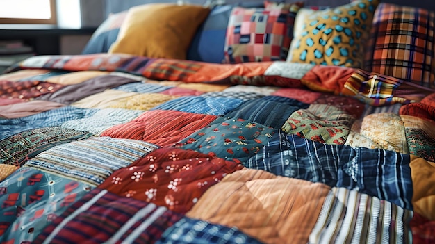 Cobertor de patchwork artesanal na cama decoração colorida aconchegante da casa textura de cama artesanal conceito de conforto closeup artesanato caseiro e tecido texturizado no design de interiores IA