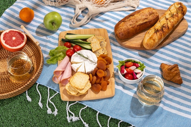 Cobertor de piquenique com tábuas de charcutaria comida saudável e vinho no parque na grama em dia ensolarado