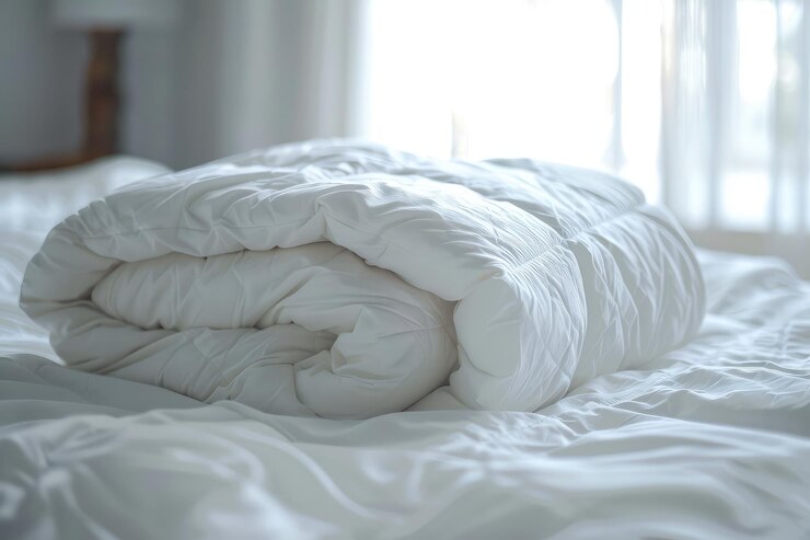 Cobertor dobrado branco sobre fundo de cama branca Preparação para a estação de inverno atividades domésticas domésticas hotel ou têxtil doméstico