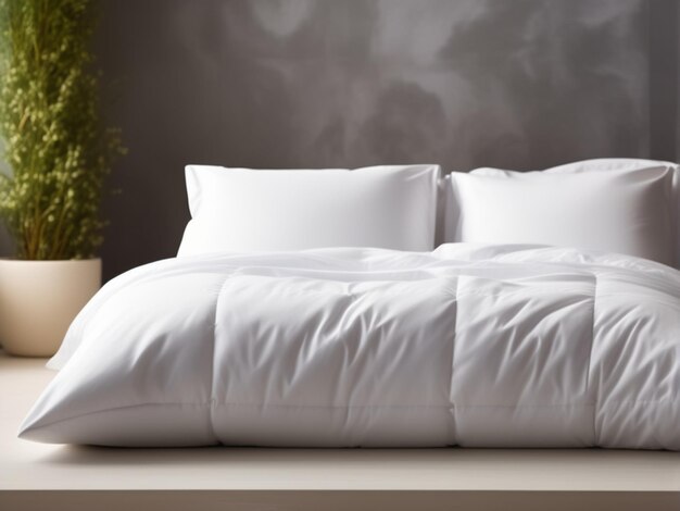 Cobertor dobrado branco sobre fundo de cama branca Preparação para a estação de inverno doméstico doméstico a
