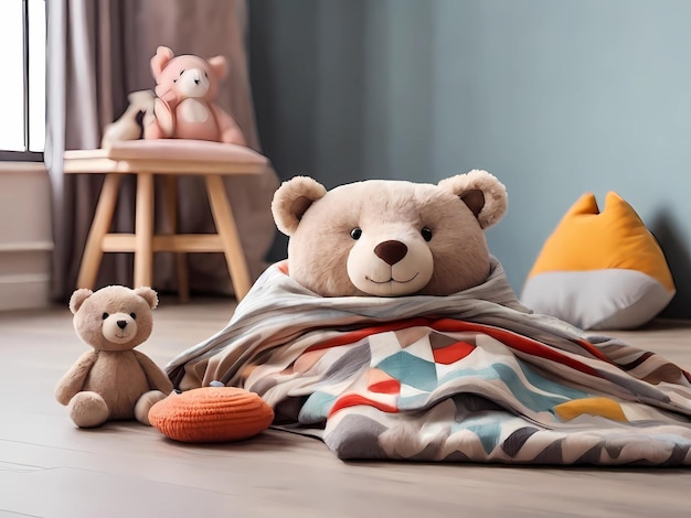Cobertores com uma almofada e um maravilhoso brinquedo infantil O chão dos quartos é de madeira