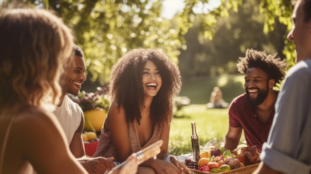 Foto cobertores de piquenique coloridos e comida deliciosa um dia ensolarado perfeito com amigos