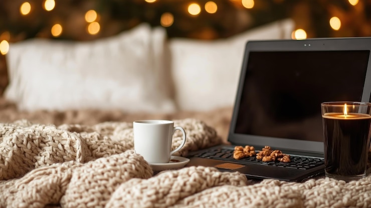 Foto cobertores macios criam uma atmosfera aconchegante enquanto um laptop senta-se em uma cama com uma xícara de café e uma vela nas proximidades cadeias de luzes brilham suavemente no fundo aumentando o calor