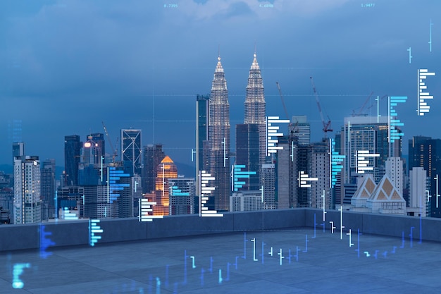 Cobertura com terraço de concreto Horizonte noturno de Kuala Lumpur Previsão e modelagem de negócios de mercados financeiros Hologramas gráficos digitais Centro da cidade Dupla exposição