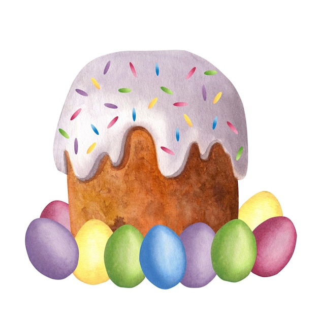 Cobertura de bolo de Páscoa ovos pintados de frutas cristalizadas Ilustração em aquarela desenhada à mão isolada