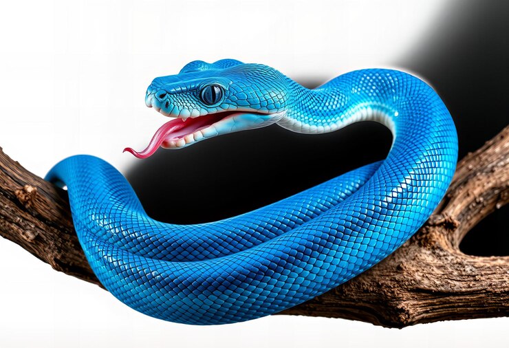 Foto cobra azul se deslizando no galho da árvore vista lateral língua saindo da boca escamas azuis fundo preto