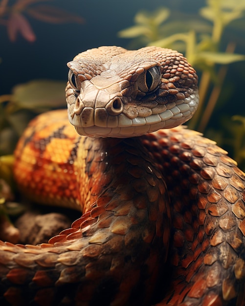 Cobra Boa anã sentada bem dobrada com folhas coloridas Foto gerada por IA