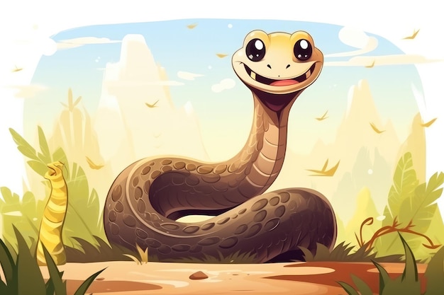 Cobra engraçada na natureza selvagem Ilustração de animal de desenho animado desenhada Generative ai
