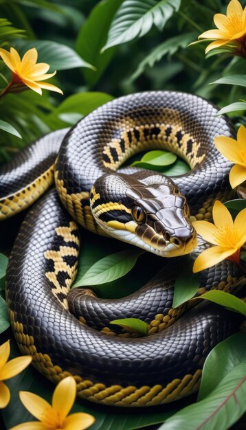 Foto cobra enrolada num galho com flores amarelas