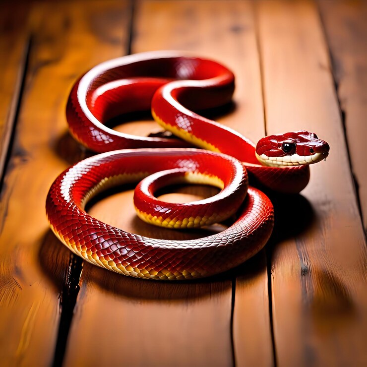 Foto cobra esmaga uma maçã vermelha em uma superfície de madeira
