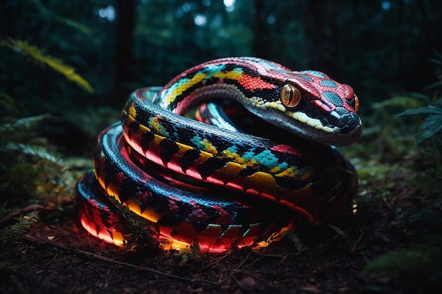 Cobra mecânica multicolorida erguendo a cabeça em uma floresta alienígena à noite