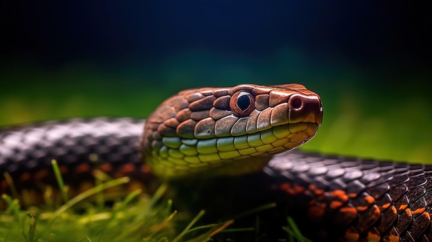 Cobra rey en la hierba hermosa serpiente con ojos naranjas