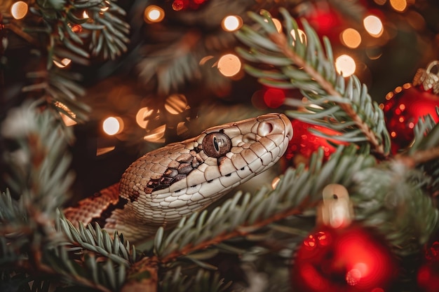 Foto cobra, um símbolo do ano 2025 com uma bola de brinquedo de árvore de natal em um fundo festivo brilhante e desfocado