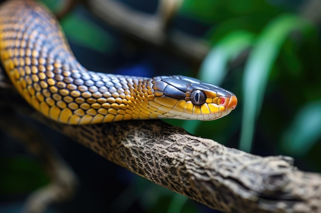 Foto cobra venenosa em um galho de árvore close-up de uma bela cobra na natureza