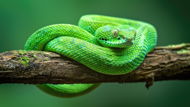 Foto cobra verde vibrante enrolada em um galho em seu habitat natural