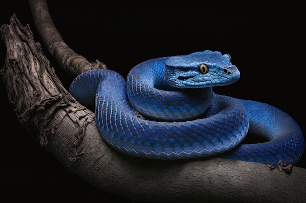 Cobra víbora azul pronta para atacar no galho com pano de fundo escuro Cobra azul insularis