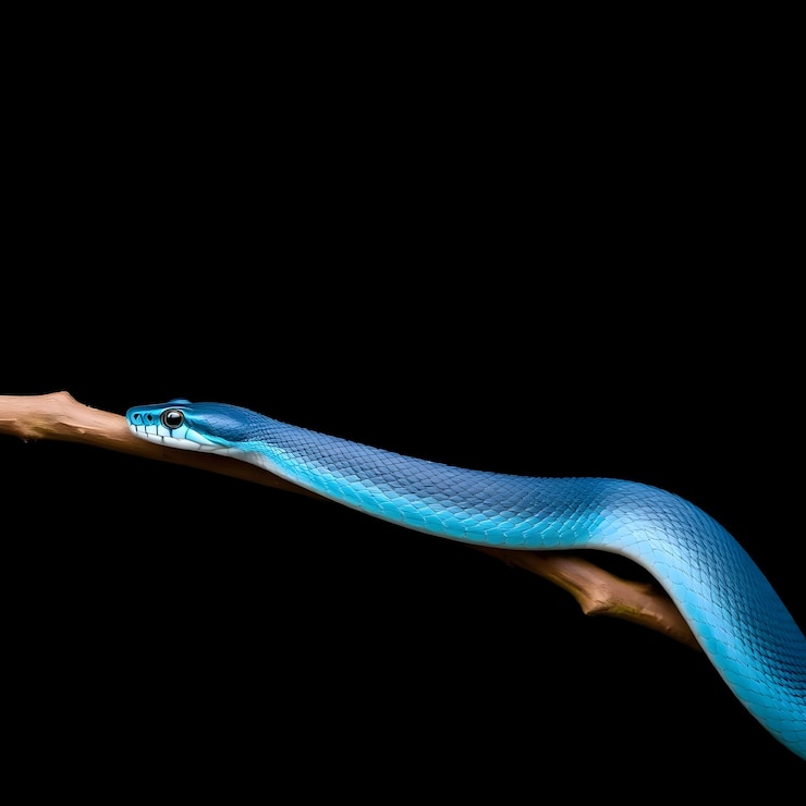 Foto cobra-víbora azul vista de lado no ramo com fundo preto cobra-vébora azul insularis trimeresuru