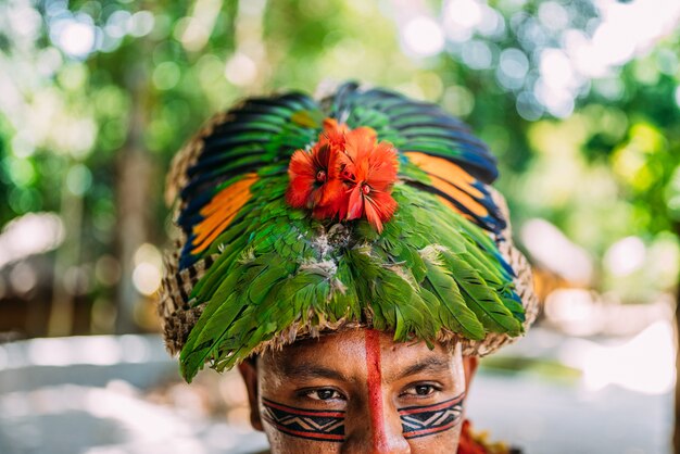 Foto cocar de penas tradicional da tribo pataxó