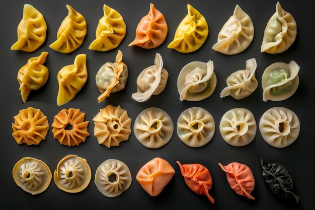 Foto cocción de albóndigas varios tipos de ravioli oriental gyoza dim sum jiaozi pelmeni frito y hervido