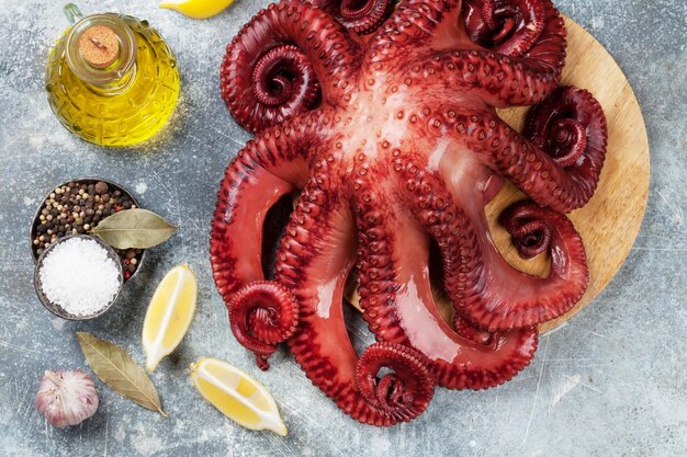 Foto cocción de pulpo crudo