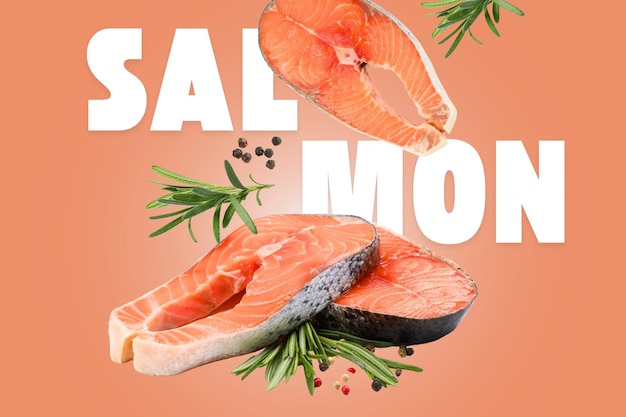 Cocción de salmón Aderezos de salmones y texto Salmón en fondo de color pastel