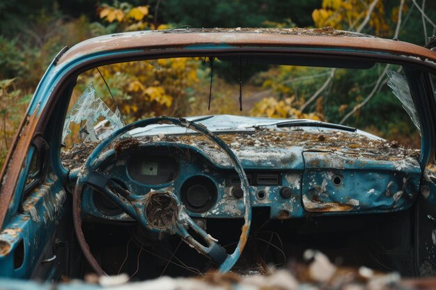 Foto coche abandonado en el bosque de otoño