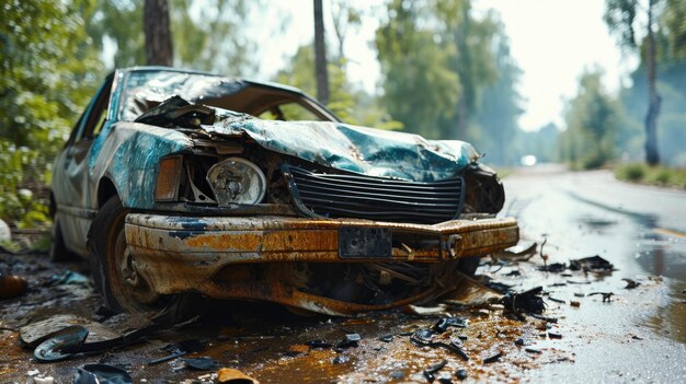 Foto coche abandonado en la carretera después de una inundación en el bosque