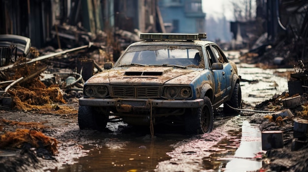 Un coche abandonado en un escenario postapocalíptico