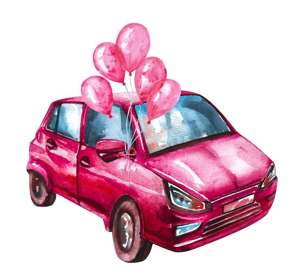 Coche de acuarela Un viejo coche rosa con globos rosas sobre un fondo blanco.