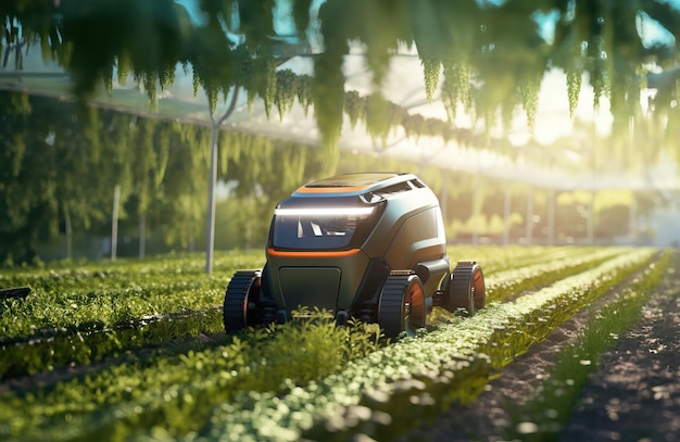 Coche agrícola robótico y autónomo que trabaja en invernadero agrícola inteligente Tecnología del futuro