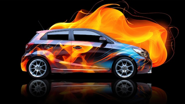 Coche con airbrushing y luces de neón en un fondo oscuro