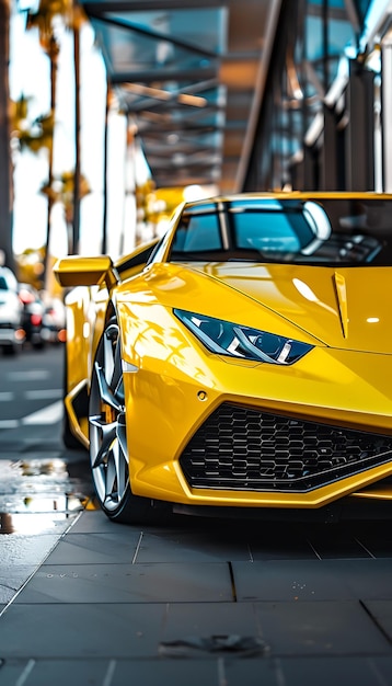 Foto coche amarillo en la calle con coches en el fondo