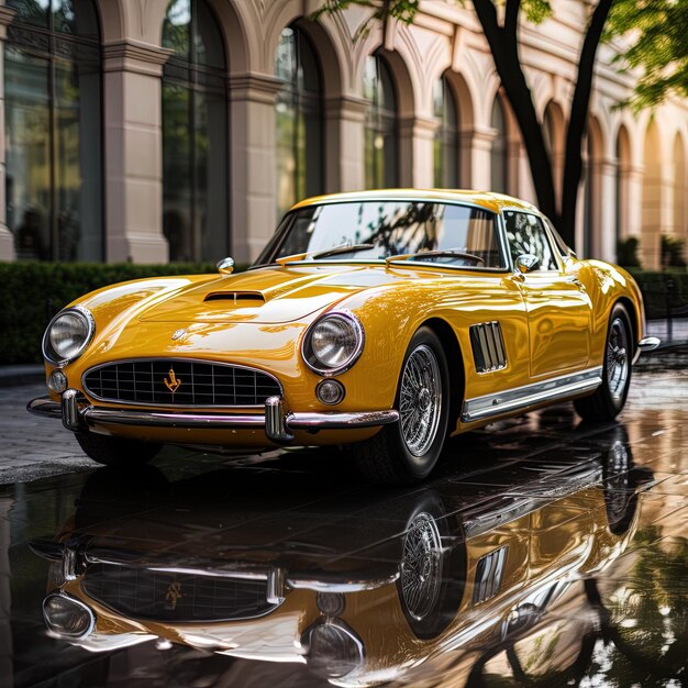 un coche amarillo con el capó levantado se refleja en un charco