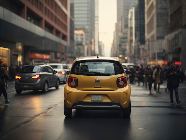 un coche amarillo circula por una concurrida calle de la ciudad bajo la lluvia