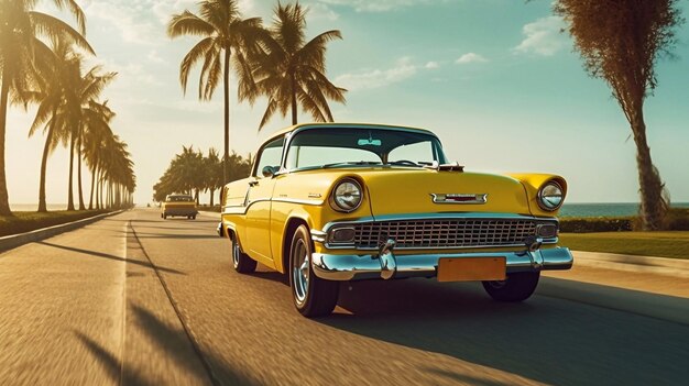 Un coche amarillo clásico en la carretera costera con una palmera en el fondo