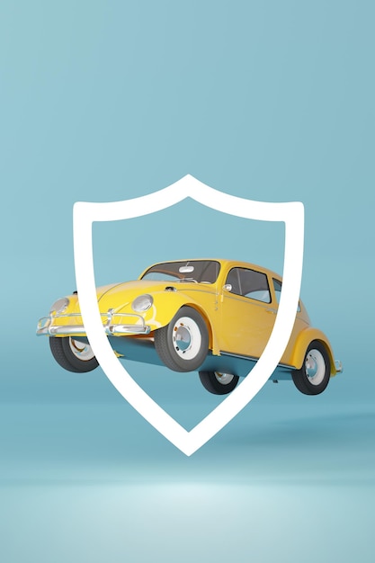 El coche amarillo clásico parece flotar dentro de un gran escudo protector Este visual hace hincapié en la importancia de asegurar un seguro de coche confiable para proteger los vehículos en la carretera Copiar espacio para el texto 3D