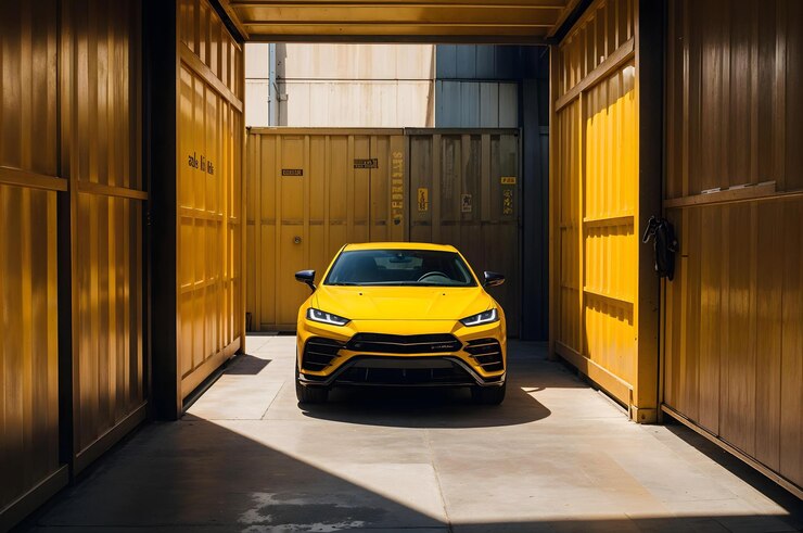 un coche amarillo está estacionado en un gran almacén con la palabra ir en el frente