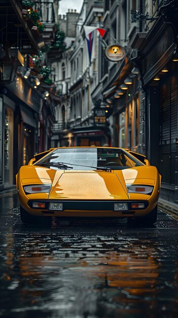 Coche amarillo estacionado en una calle estrecha su color vibrante sobresaliendo